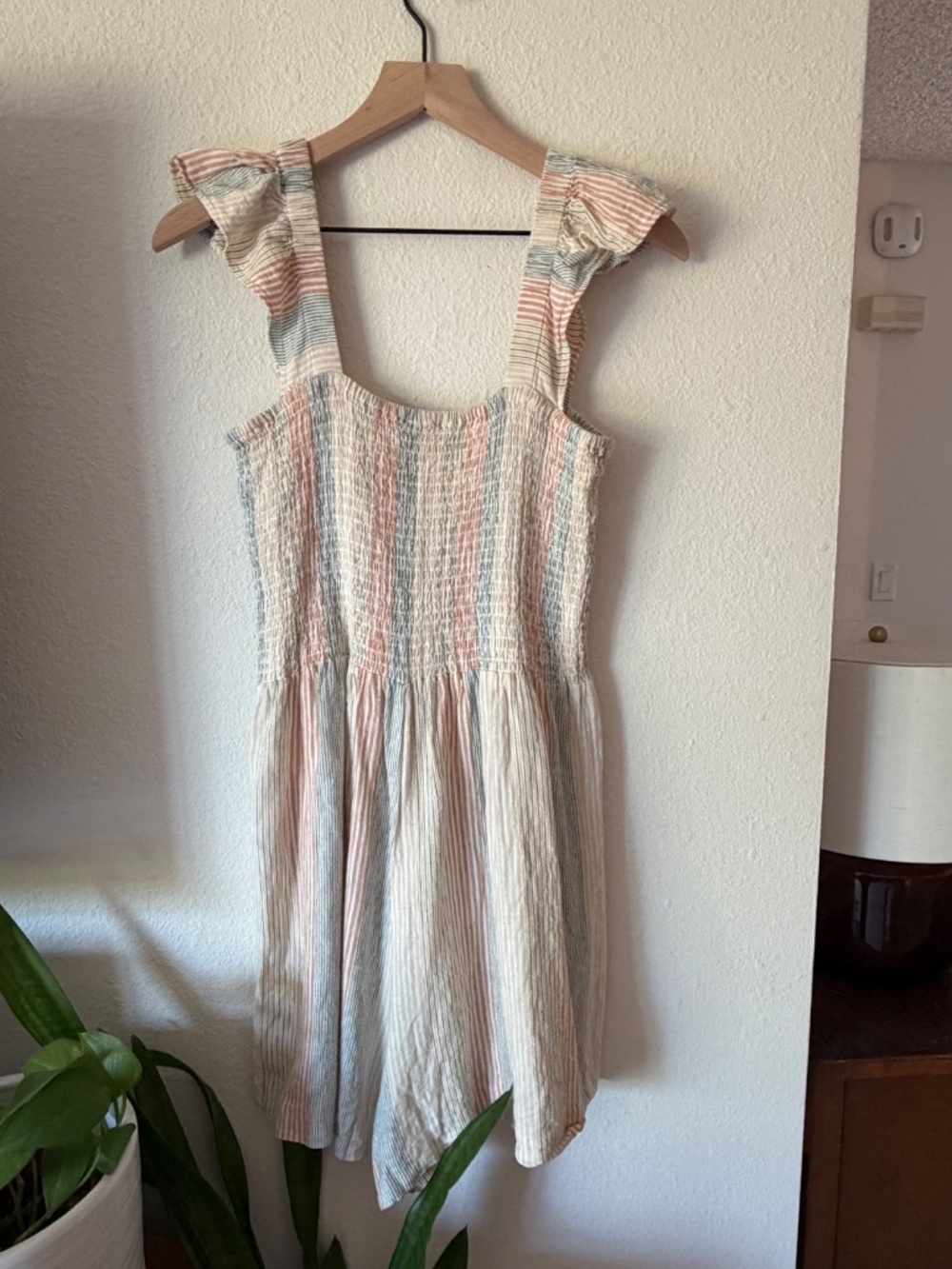 Madewell | Women's 12 | Romper Linen-Blend Lucie Smocked Striped Ruffle Straps